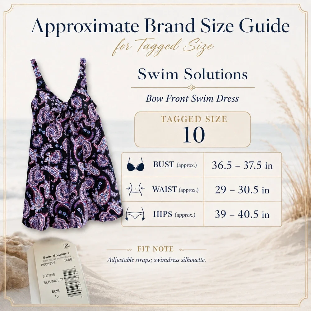 NWT Swim Solutions Paisley Bow Front Swim Dress Sz 10 Black Multi Tummy Control - Picture 8 of 8